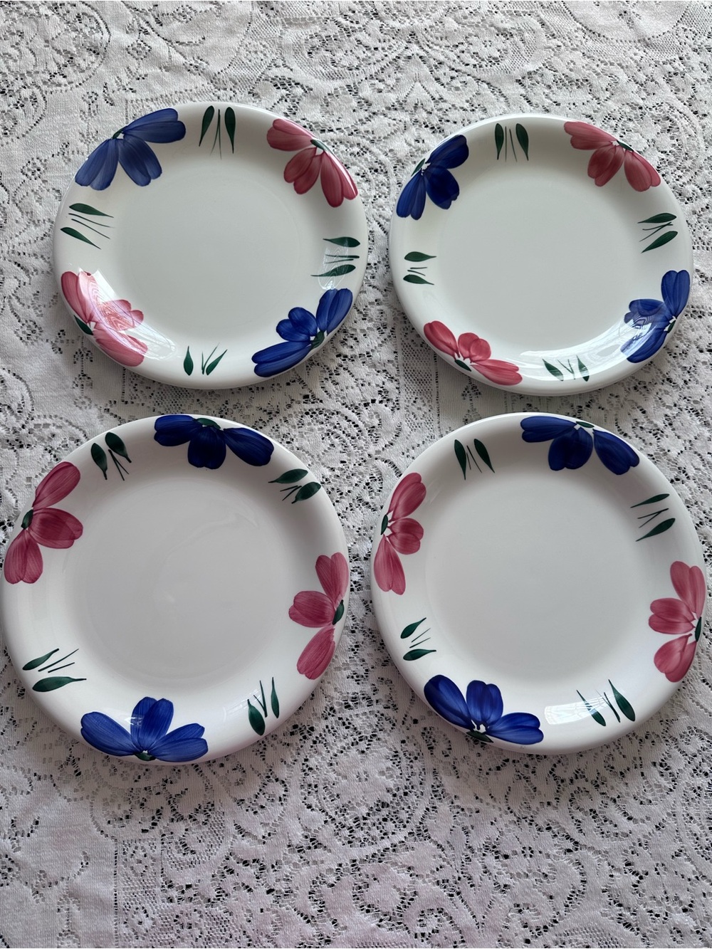 Vintage Furio Home Italy Hand Painted Blue Pink Floral Dinnerware Plates 4